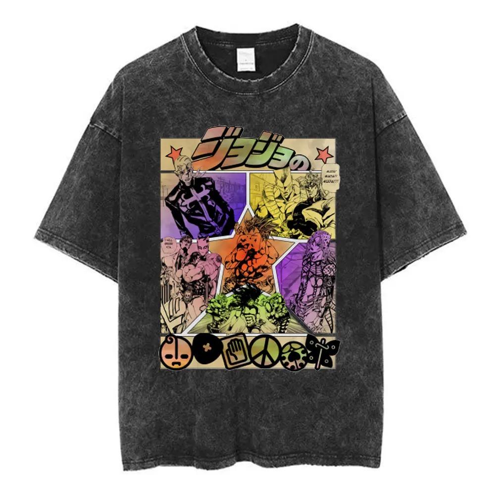 JoJos bizarres Abenteuer: Goldener Wind Charakter Collage Vintage Washed Übergroßes T-Shirt | Unisex Anime Streetwear Tee XL