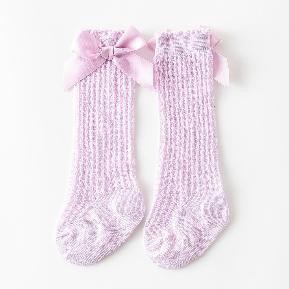 Sommer Baby Mädchen Socken Nette Große Bögen Weiche Baumwolle Elastische Einfarbig Mesh Neugeborenen Socken Kniehohe Lange Kleinkind Mädchen socken 0-12 months violett