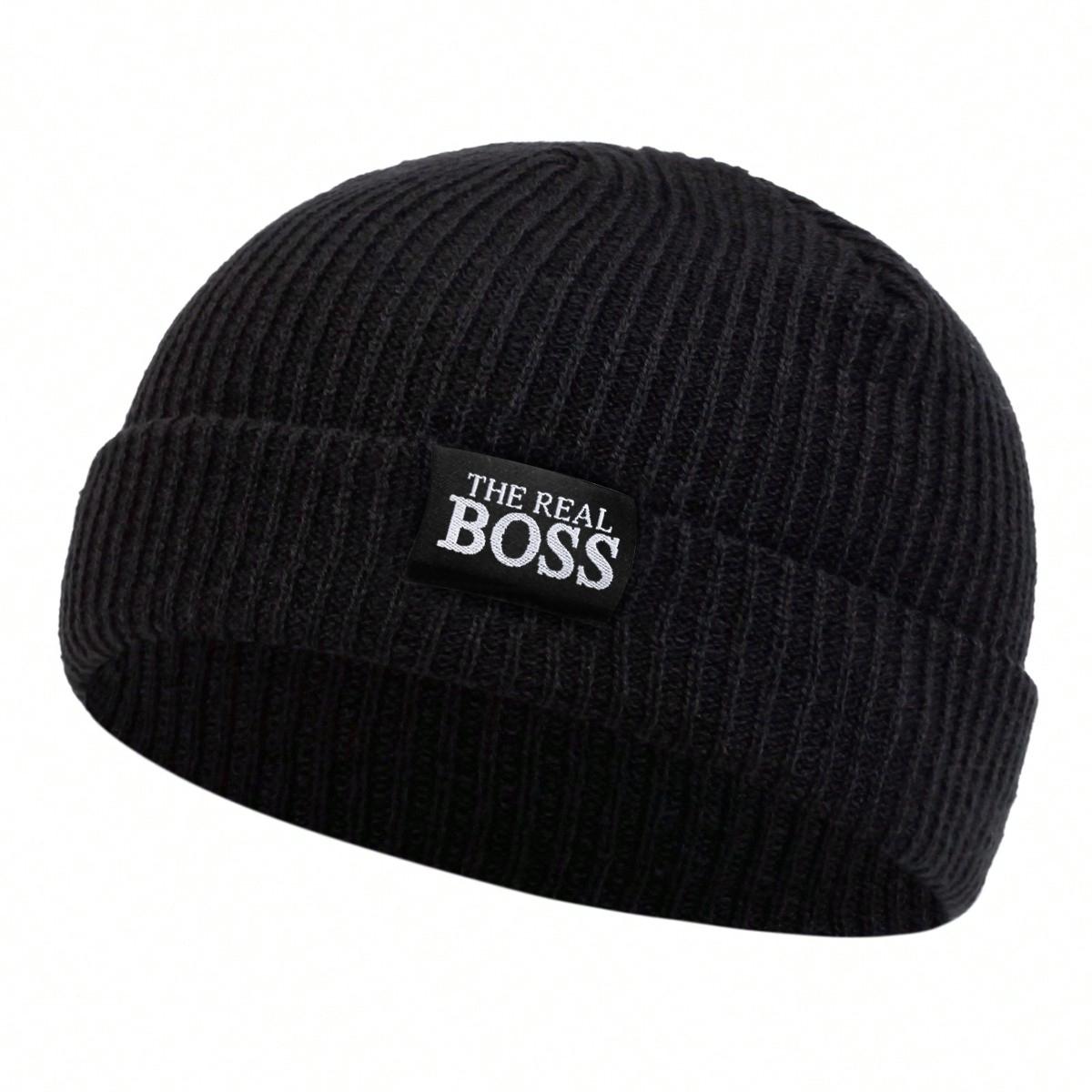 Unisex The Real Boss Etikett Dekoration Hip Hop Melonenmütze Winter Radfahren Warme Mützen Strickmützen Frühling Herbst Outdoor Sport Reise für Damen Herren schwarz