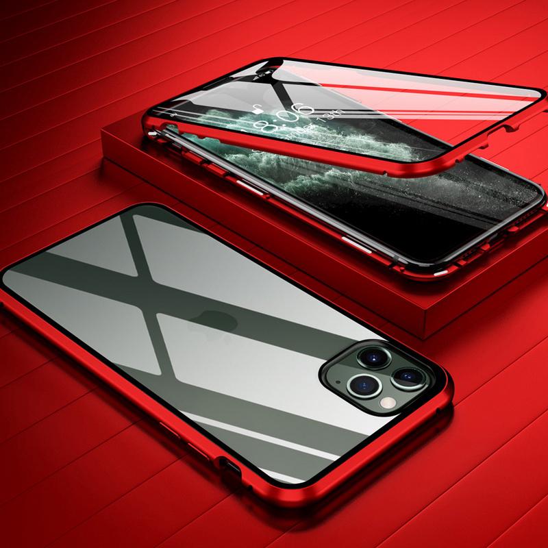 Metall-Magnethülle für iPhone 16 Pro 15 14 Pro Max 13 12 Pro MAX 11 Pro SE 2020 X XR XS 8 7 Plus Magnethülle aus gehärtetem Glas iPhone 15 Pro  Max rot