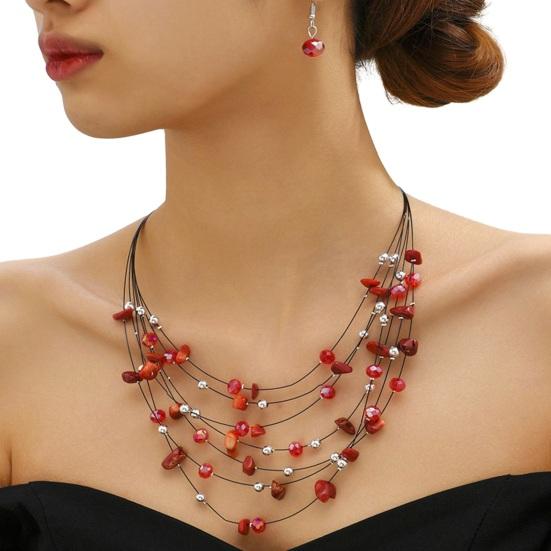 1 Set Frauen Halskette Ohrringe Set Mehrschichtige Halskette Stein Dekor Böhmischen Stil Hals Ohr Schmuck Hängende Ohrringe Halskette Set rot