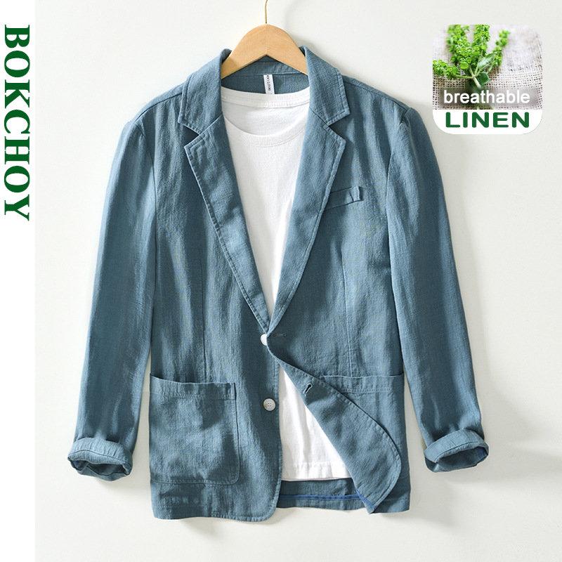 Frühlings-Casual-Safari-Anzüge aus Leinen und Baumwolle für Herren, Kleidung, einfarbige Blazer, Herren-Jacken, Übergröße XL grün/blau