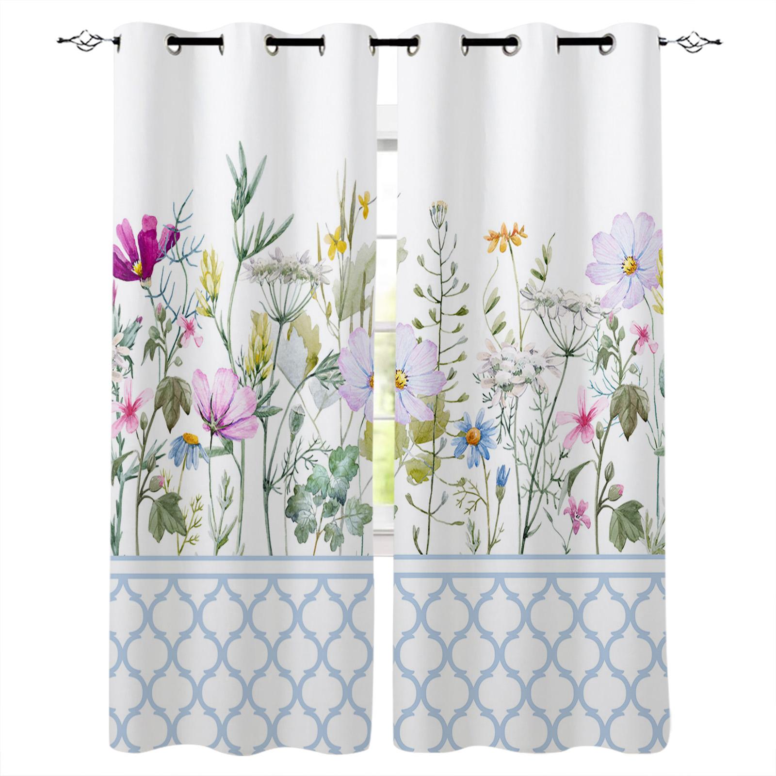 Fenstervorhänge mit Frühlingsblumen, Vanille-Wildblumen, für Wohnzimmer, Schlafzimmer, Küche, moderne Vorhänge, Heimdekoration W50H60(CM)x2&Hook