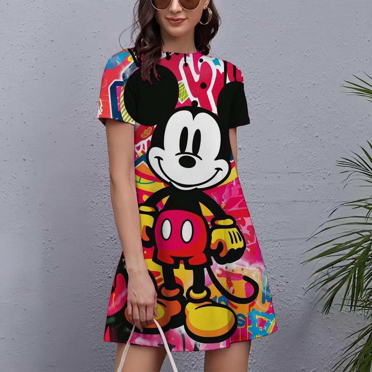 Damenkleider Mickey Maus Print Elegant & Schön Midi-Kleider Große Größen Damen Sommer Einteiler 3XL black