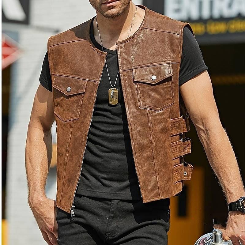 Weste für Herren Herren Lederweste Frühling und Herbst Reißverschlussjacke Weste Weste Herren Casual Outdoor 3XL braun