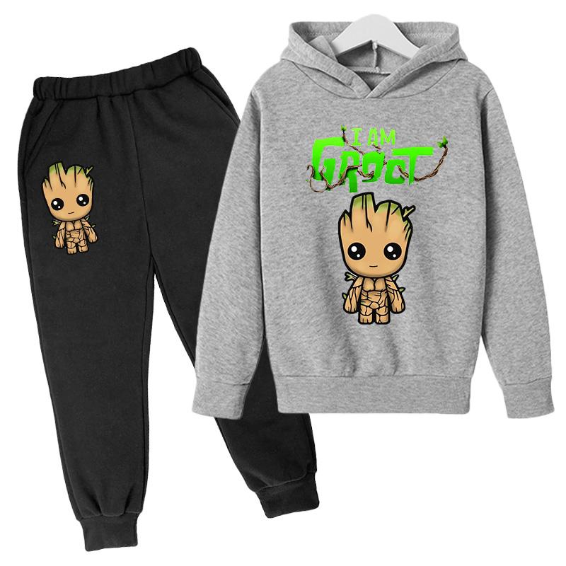 Kawaii Baby Marvel Groot Hoodie Kinder Mode Street Hoodie+Hosen Anzug Lässig Jogging Sweatshirt Ich Bin Groot Lustig Cartoon G 120 himmelblaue