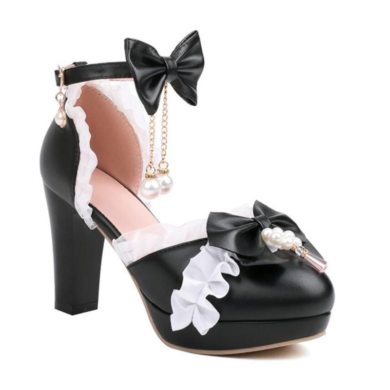 Mädchen High Heels Kinder Prinzessin Sandale Damen Plateau Schleife Spitze Mary Jane Lolita Schuhe Damen Party High Heels Damen Pumps 30-43 37(23.5cm)
