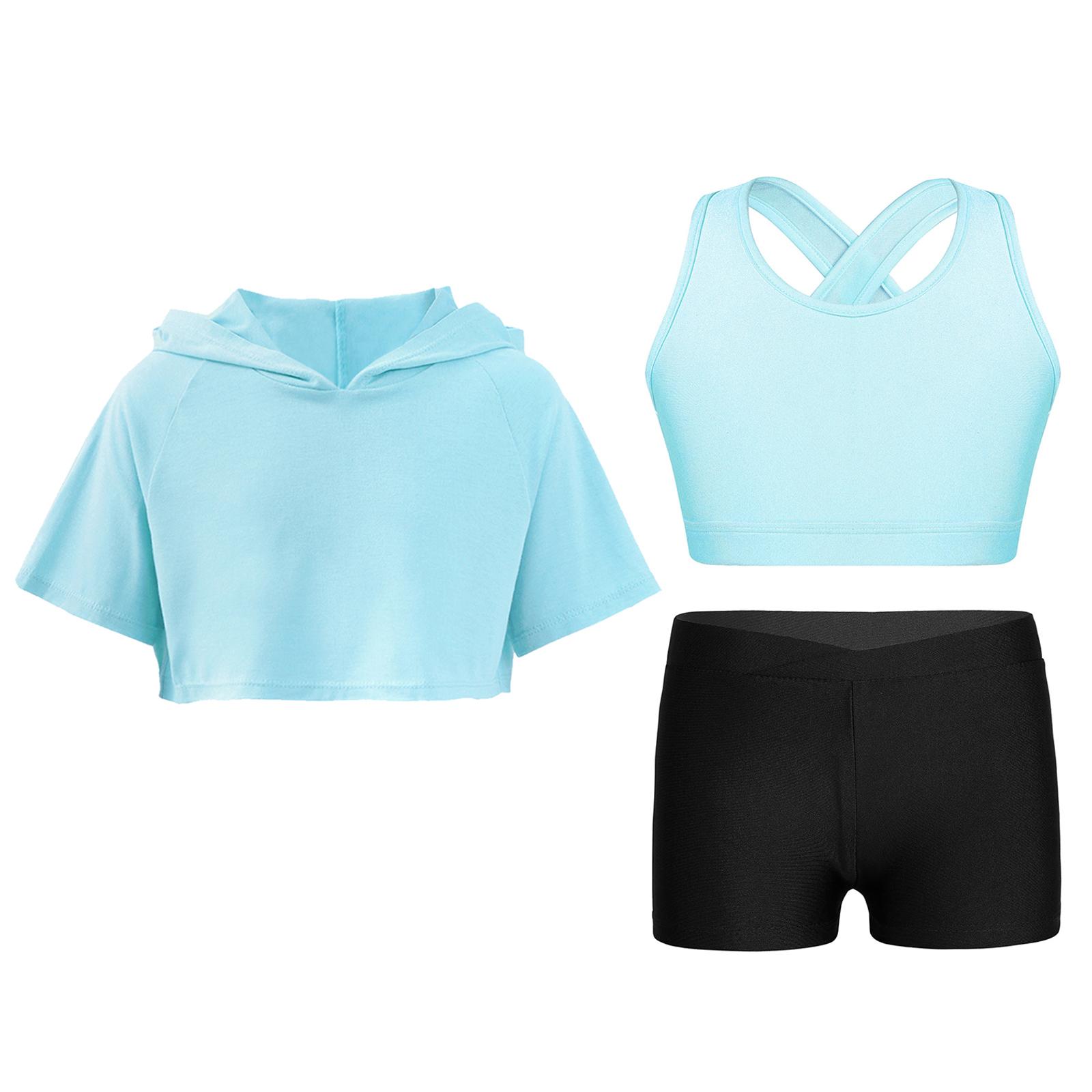 Kinder Mädchen Trainings-Gymnastik-Outfit Yoga-Sets Schlüsselloch-Rücken Weste Shorts Kurzarm Kapuzen-Crop-Top Teenager Sportliche Anzüge 13-14 Years hellblaue