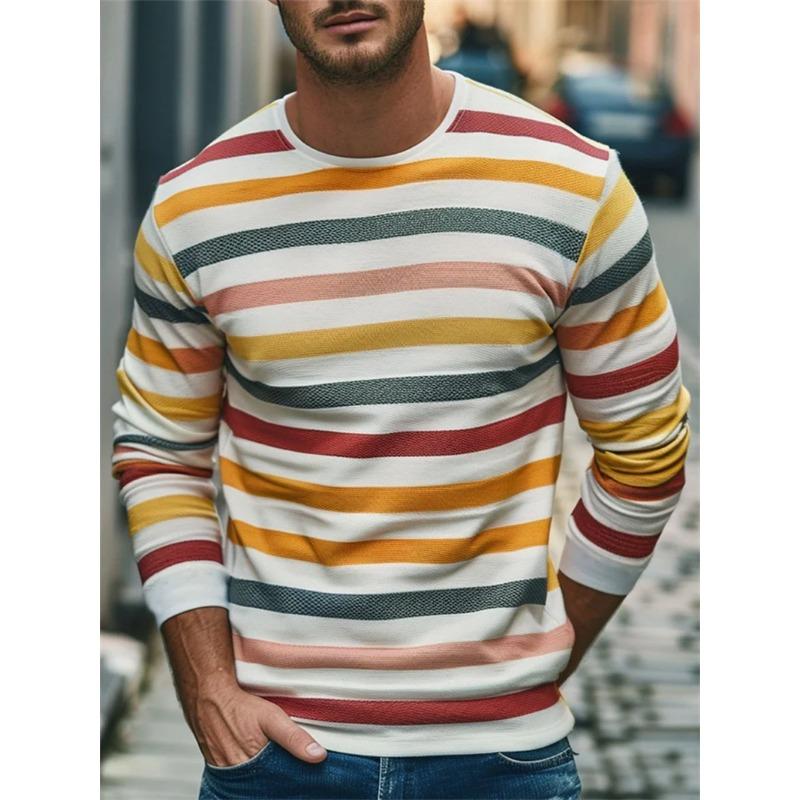 Retro Gestreifte Grafik Langarm T-Shirts Für Herren Schlichte Mode Frühling Herbst 3D Gedruckte T-Shirts Lässige Übergroße T-Shirts Tops L brown