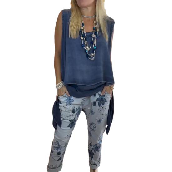 2-teiliges Lounge-Set für Damen, ärmellos, Tanktop mit asymmetrischem Saum, Blumendruck, Jogginghosen-Set, lässiges, lockeres Outfit für Frühling und Sommer L blau