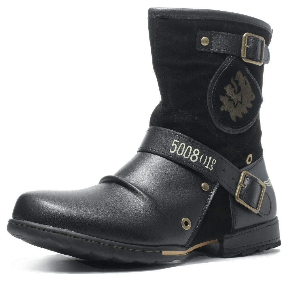 Wintermode Herrenschuhe Stiefel Warm Leder Vintage Motorrad Herrenstiefel Reiten Retro Metall-Stil Reißverschlüsse Herrenschuhe 45