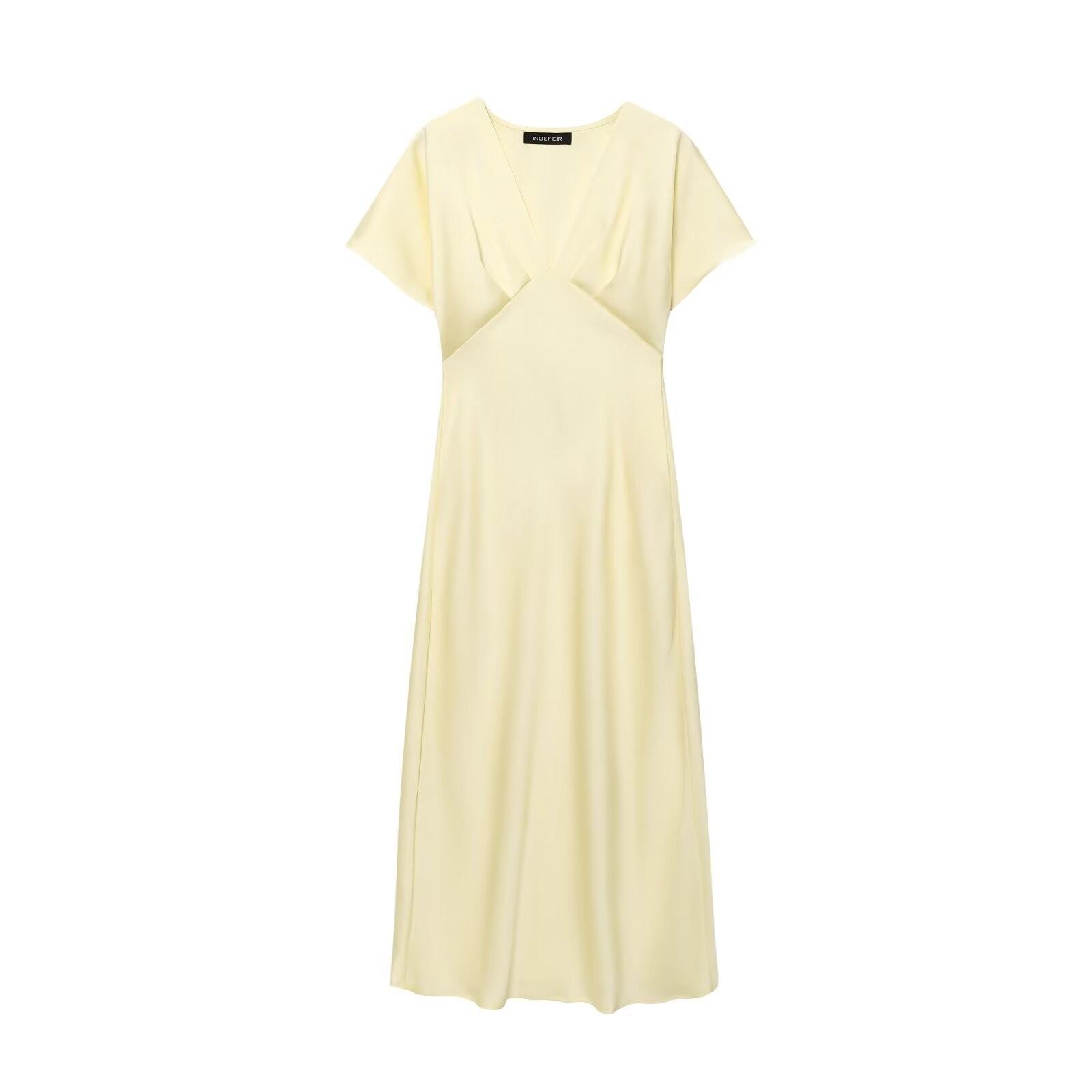 Satin Langes Kleid Damen Schwarz Midi Kleider Damen Elegant Partykleider Kurzarm Kleid XS helle gelbe