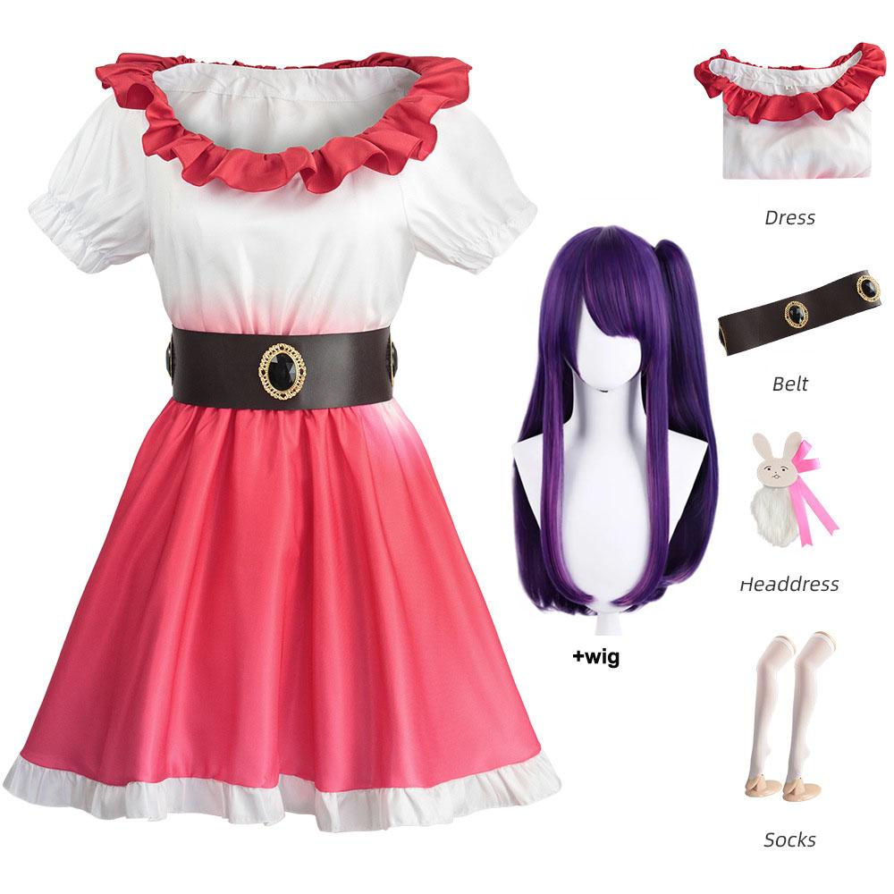 Oshi no Ko Anime Cosplay Hoshino Ai Rot-weißer Farbverlaufsrock + Socken + Gürtel + Kopfschmuck Kostüm Kleid Perücke Outfits für Frauen Mädchen Halloween-Party S