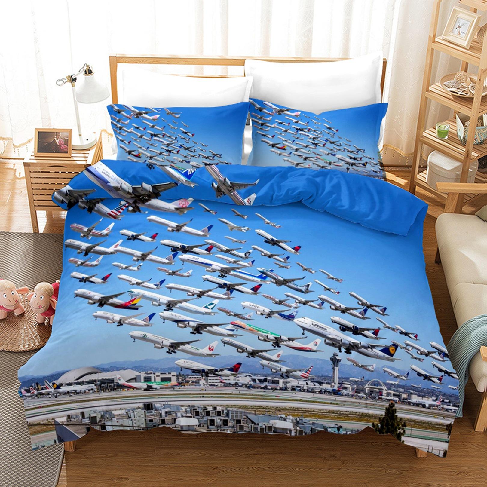 3D-Flugzeug-Bettwäsche-Set, Transport-Steppdecke und Kissenbezug, 2/3 Stück, AU180 x 210, Einzel-/Doppelbett, Weihnachtsgeschenk, Jungenzimmer, weiche Heimtextilien DE 155x220cm