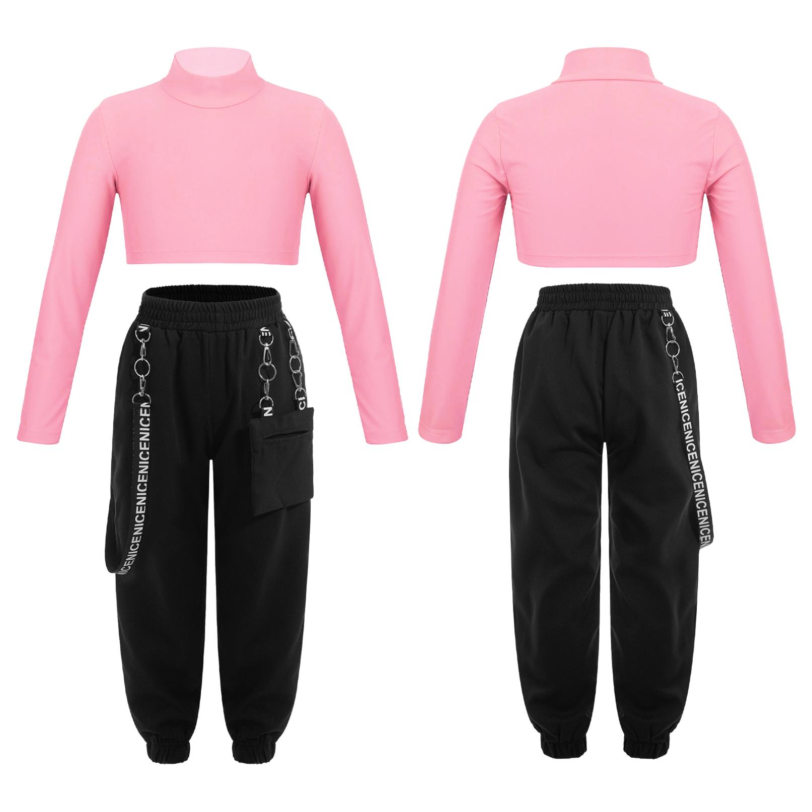 Kinder Mädchen Hip Hop Kleidung Set Streetwear Jazz Dance Performance Kostüm Crop Top Bluse Lange Lose Hosen Anzug 13-14 Years rosa