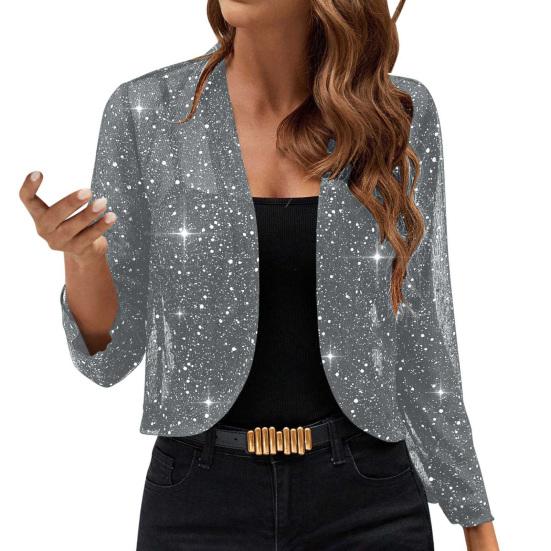Damen Glitzernder Cardigan Mantel 45720 Pailletten Tops Sexy Goldener Bling Ärmel Offener Mantel Lässig S grau