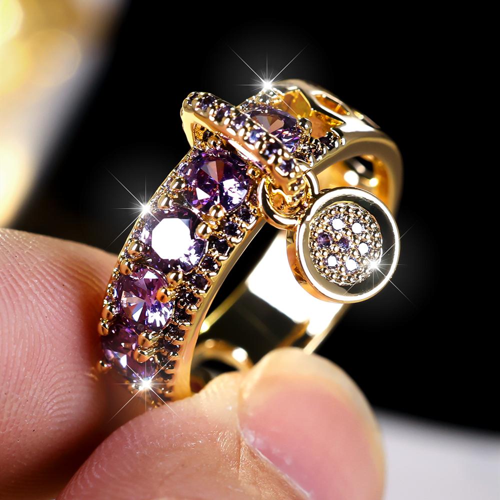 Vintage Royal Blau Kristall Ring für Frauen Luxus Gold Farbe Hochzeit Ringe Runde Anhänger Ring Engagement Schmuck Geschenke 6 violett/gold
