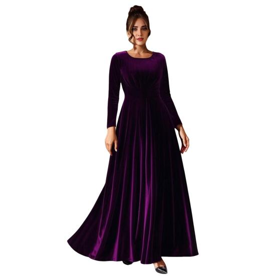 Damen Samt Maxi Kleid Lässig Rundhals Langarm A-Linien Swing Kleid Herbst Cocktailparty Formelles Kleid für Hochzeitsgast XL violett