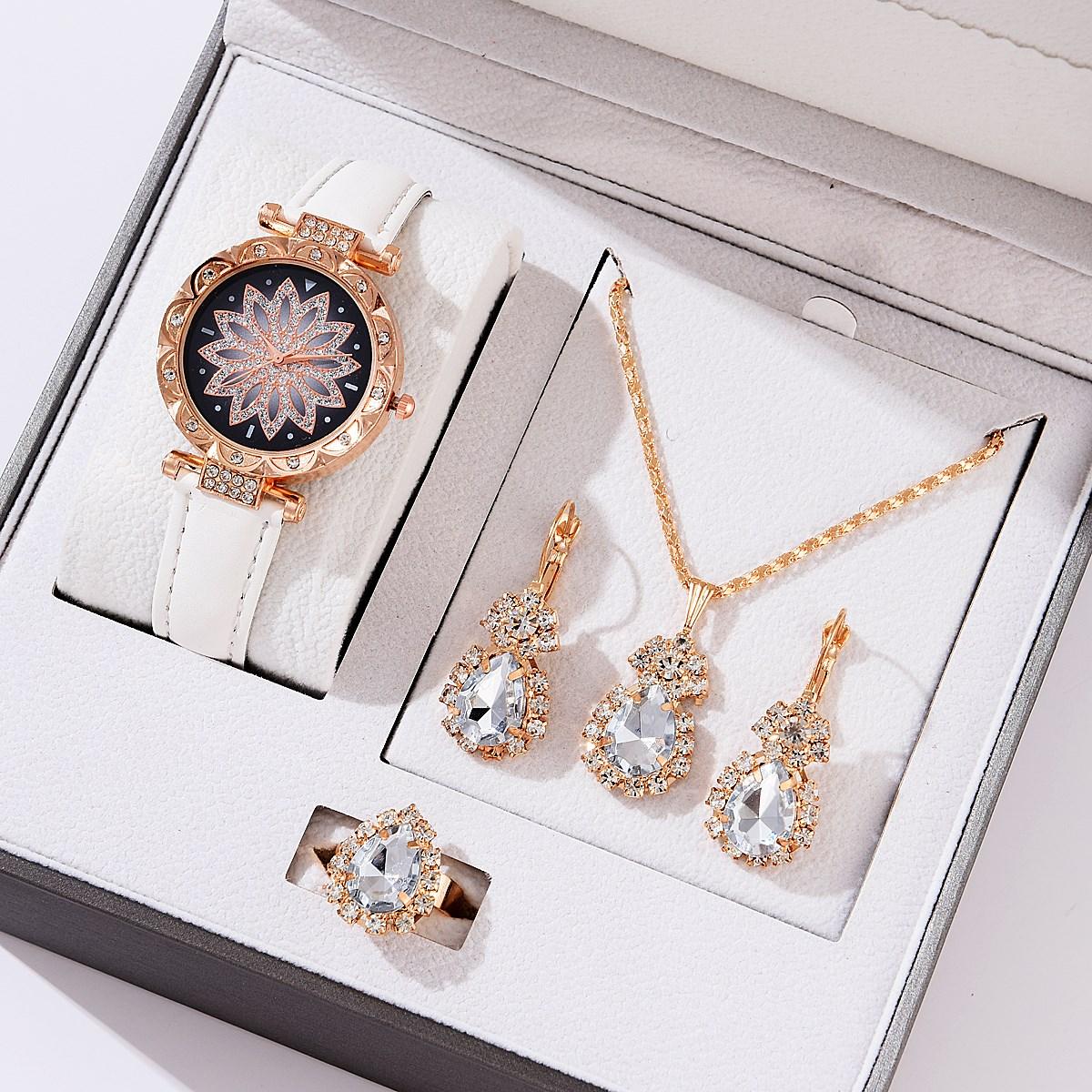 5 stücke Set Uhren Frauen Leder Band Damen Uhr Einfache Casual frauen Armbanduhr Armband Geschenk Montre Femme(Kein Kasten)