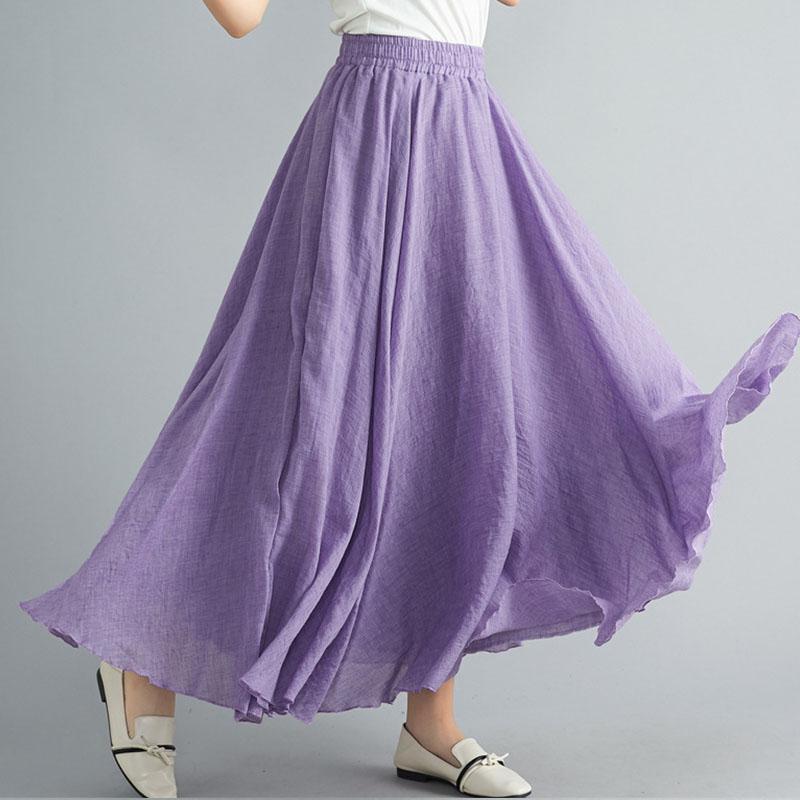 Sommer Herbst Damen Rock Literarisch Große Baumwolle Leinen Halbrock Elastische Taille Leinen A-Linie Rock Langer Abschnitt Reine Farbe Wind Swing Rock M violett