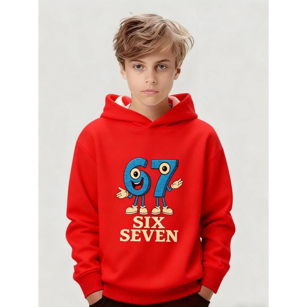 Meme 67 Muster Kapuzenpullover für Jungen Lässig Rundhals Kurzärmeliger Kapuzenpullover Bequem Trendig Street Langarm Kinderbekleidung 160