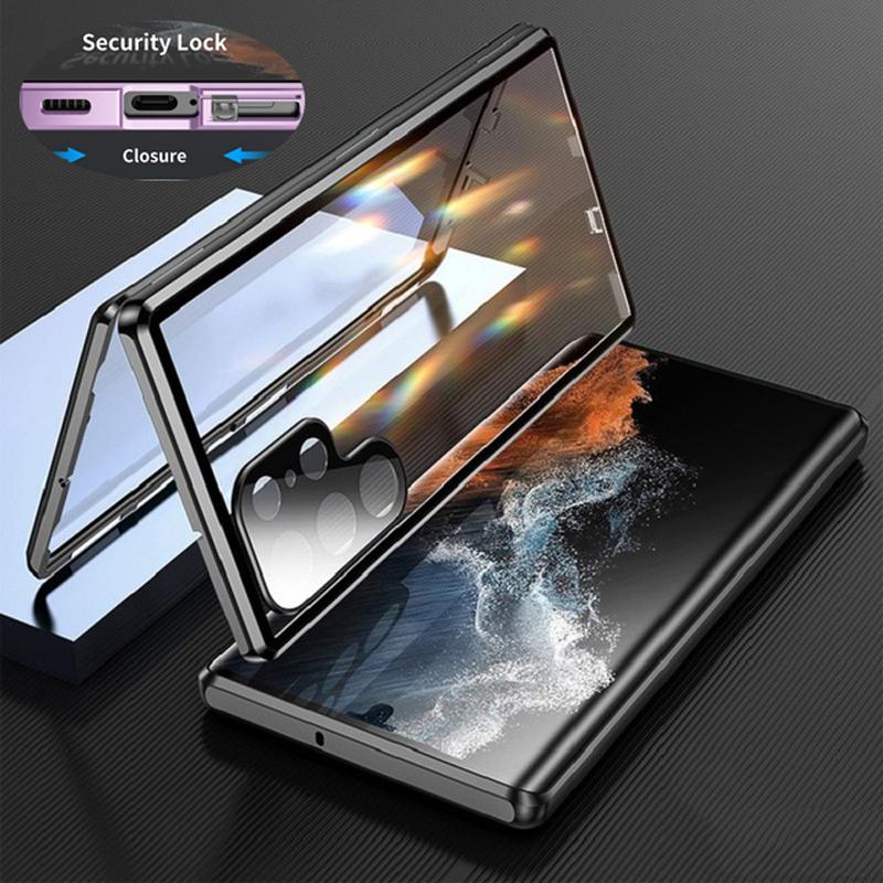 360-Grad-Vollschutz, magnetische doppelseitige Glashülle aus Metall für Samsung Galaxy S25 S24 S23 FE S22 Ultra S21 Plus, Objektivschutz, Schnappverschluss For Samsung S23 FE schwarz