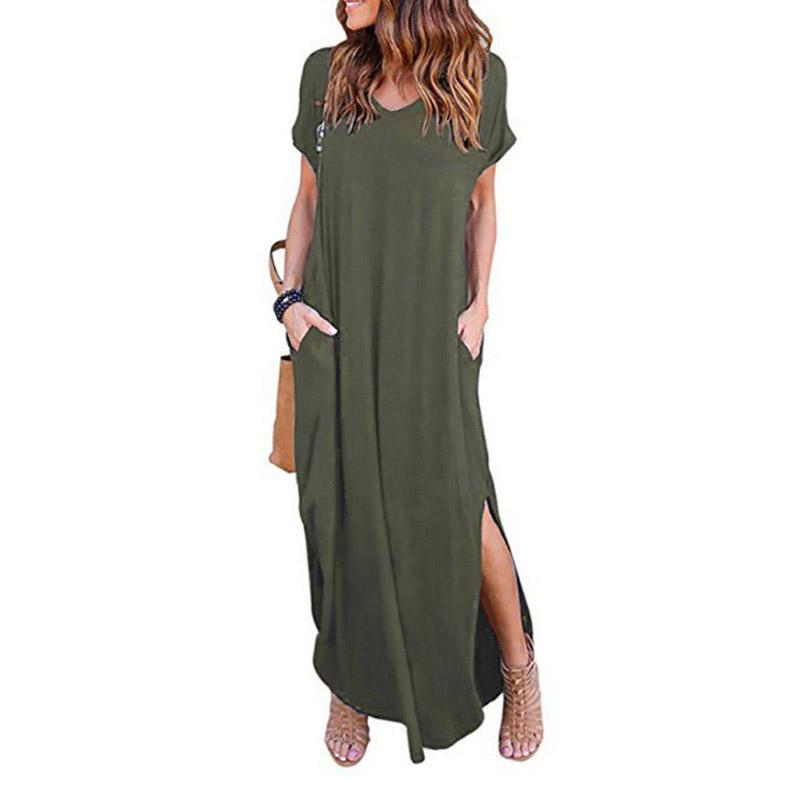 Plus Größe 5XL Sexy Frauen Kleid Sommer 2022 Feste Beiläufige Kurzarm Maxi Kleid Für Frauen Lange DressLady Kleider M grün