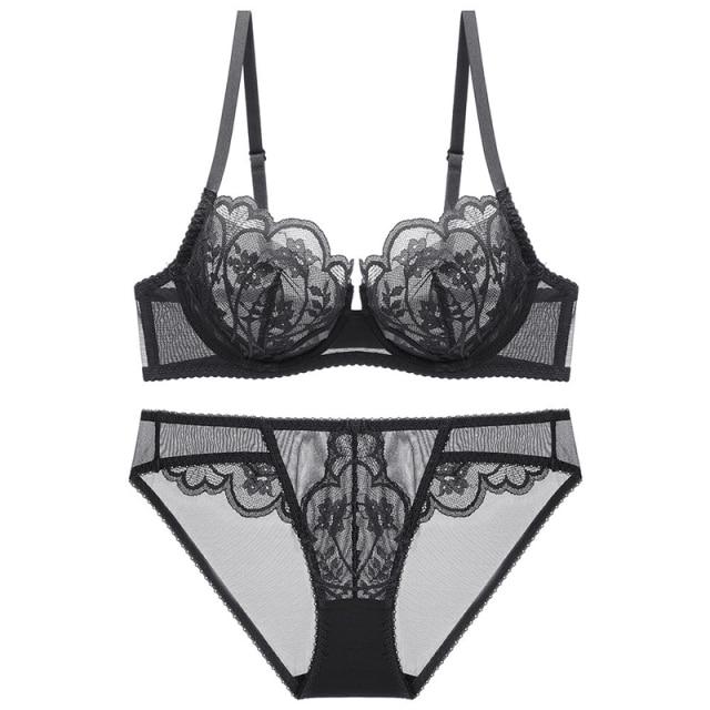 Sexy Blütenblattform, ultradünnes BH-Set, Push-up-Unterwäsche-Set, Stickerei-Büstenhalter, BH, Plus-Size-Spitzen-Dessous-Set 90C(40C) schwarz