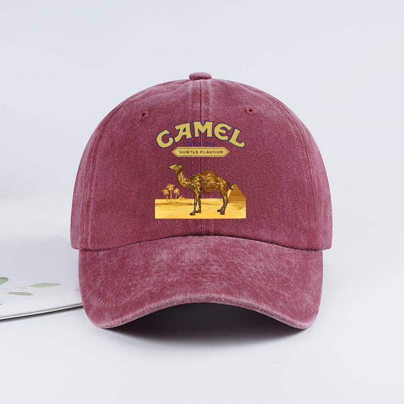 Vintage „Camel“ Wüstenmotiv Print Gewaschene Baseballkappe - Verstellbare Unisex Vintage Kappe für Outdoor-Wanderungen und Bergsteigen bordeaux