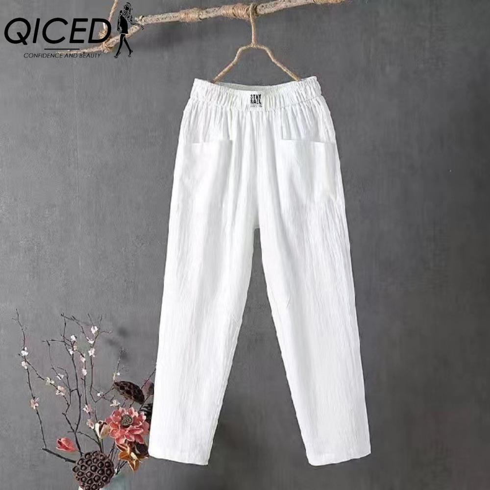 QICED Sommer Damen Hosen Lässige Baumwollleinenhosen Locker Gerade Hosen Neun-Punkt Harems-Hosen XXXXXL weiß