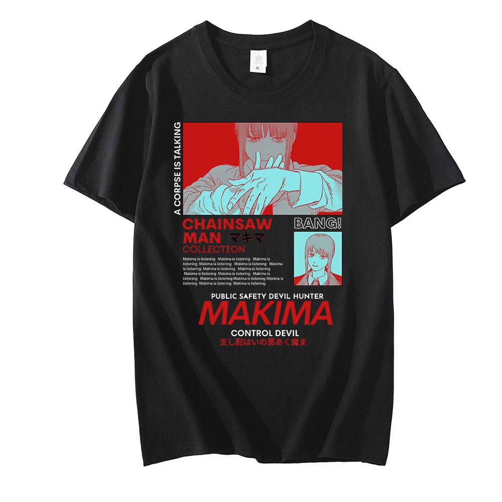 Kettensäge Mann MAKIMA Japanische Anime T Shirt Männer/Frauen Manga Grafik T-shirts Tops Lustige Cartoon T-shirt Unisex Hip Hop T-shirts Männlich XL schwarz