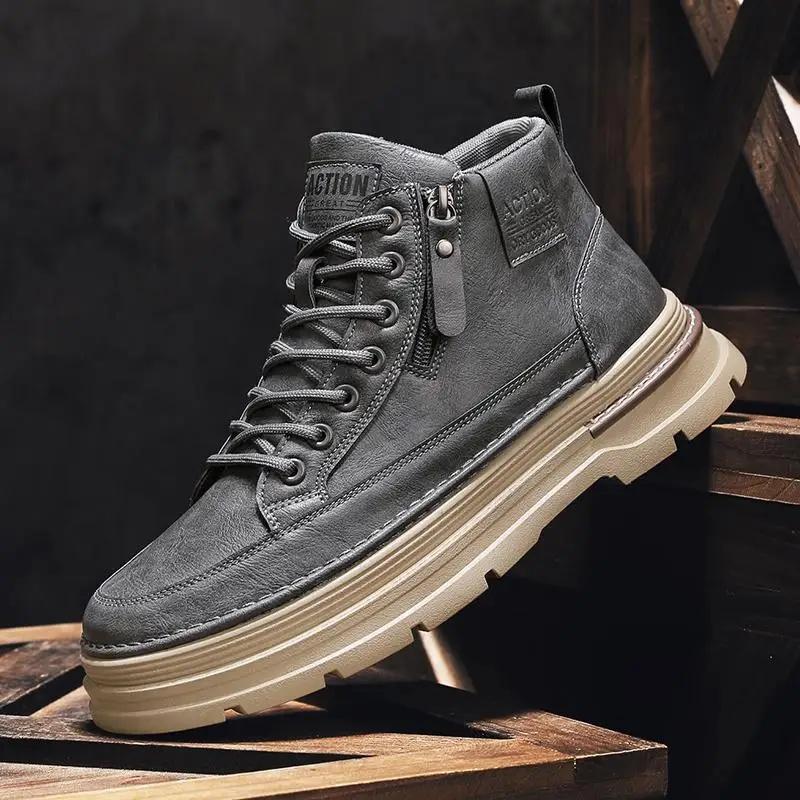Hochwertige Herrenschuhe Herren Retro Britischer Stil High Top Lederschuh Dicke Sohle Mid-Calf Arbeitskleidung Trendschuhe Herren Sneaker 39 graue