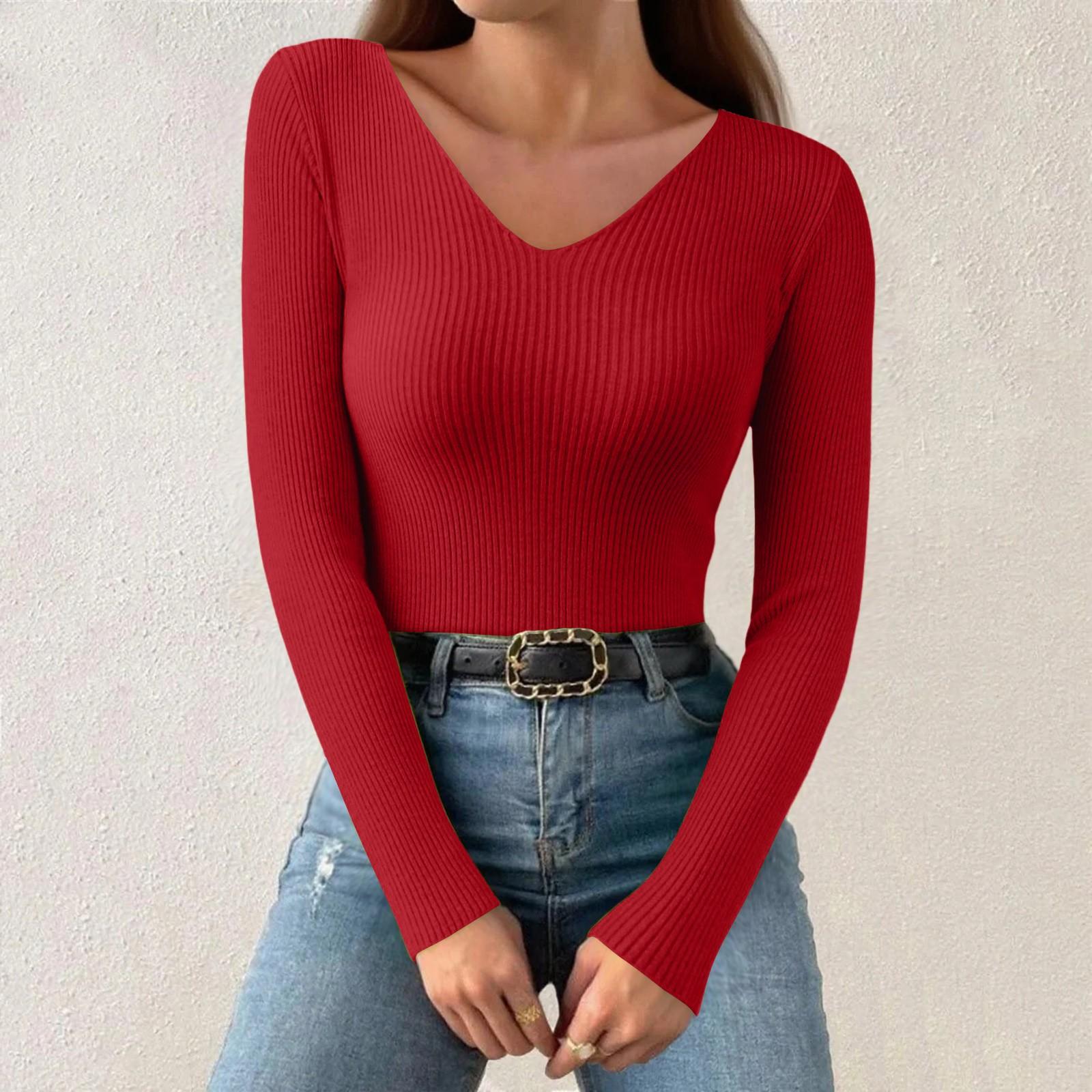 Damenmode V-Ausschnitt Slim Pullover Langarm Pullover Einfarbiges Oberteil XL rot