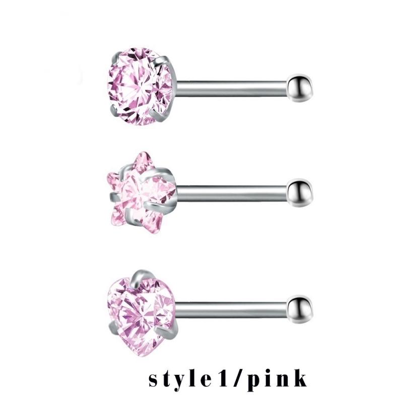 3 teile/satz Herz Stern Runde Nasenringe Diamant Zirkon Edelstahl Nasenstecker Körper Piercing Schmuck style1 rosa