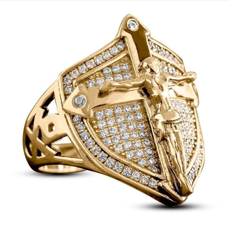 Exquisite Persönlichkeit Gold Farbe Herren Ringe Sohn Gottes Christian Retter Jesus Kreuzigung Kreuz Zirkon Schmuck 10 gold