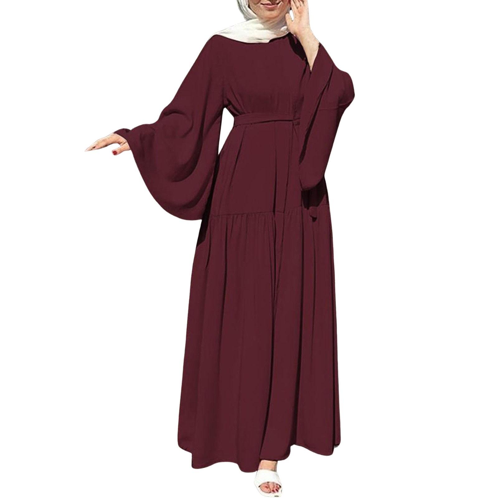 Muslimische Damen Urlaub Casual Ausgestellte Ärmel Mit Gürtel Saum Lange Kleider L weinrot