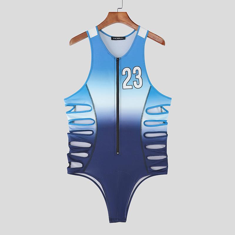INCERUN Herren Träger Ärmellos Farbverlauf Buchstabenprint Ausgeschnitten Slips Bodys Jumpsuits M blau