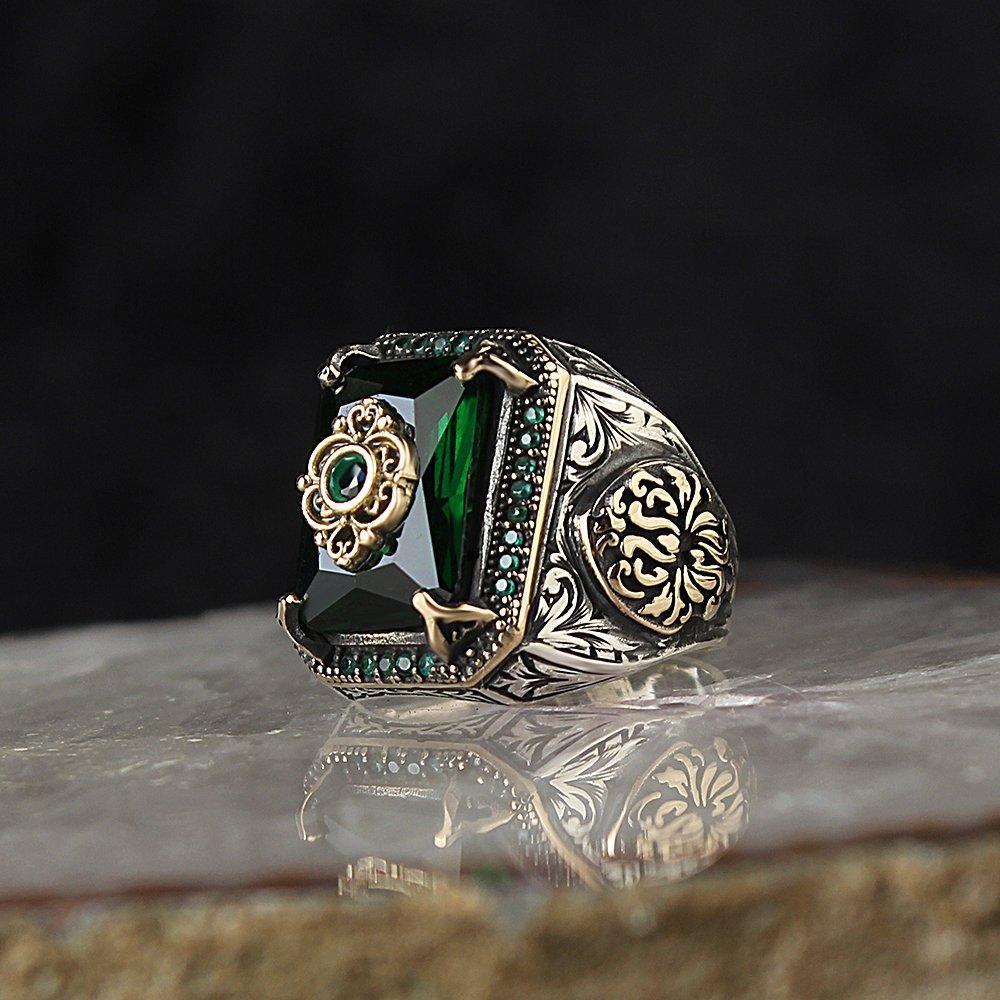 Vintage Herren Zirkon Ring, Handgefertigt Modisch Und Personalisiert Ehering Partyring 9 grün