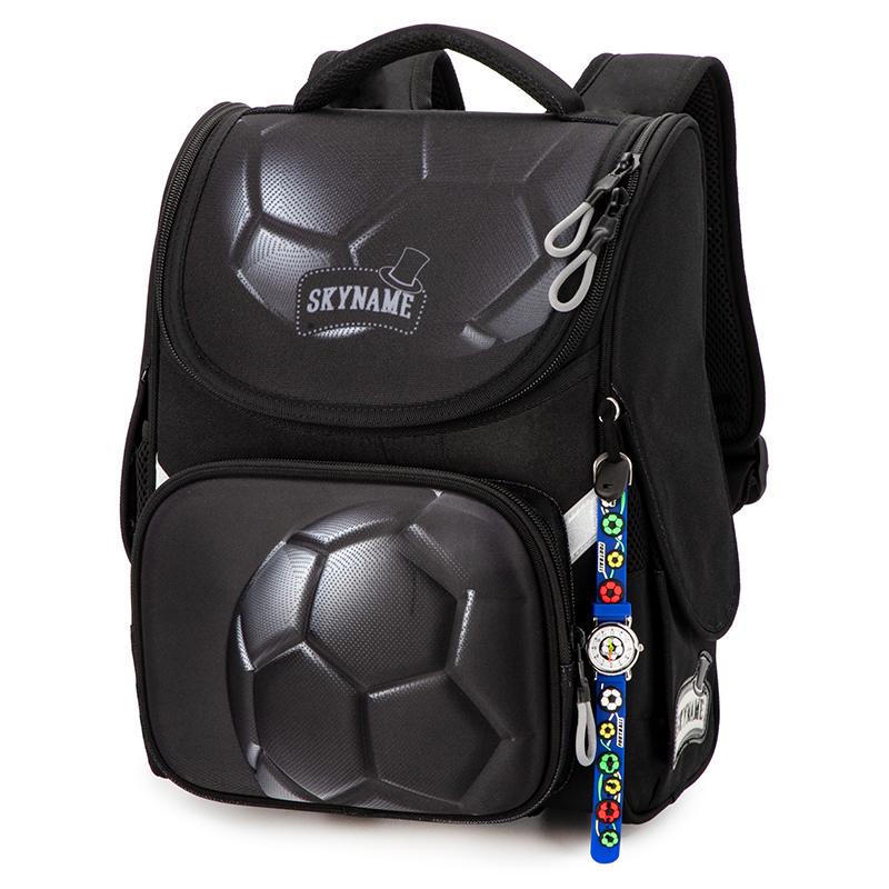 Orthopädische Schultaschen für Jungen, 3D-Fußball, schwarzer Rucksack, wasserdicht, Kinder-Büchertasche für 7–9 Jahre