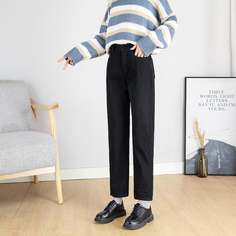 Winter Warm Slim Jeans Damen Casual Denim Bleistifthose Dicker Samt Frauen Jeans Hohe Taille Skinny Straight Jeans Fleece M schwarz