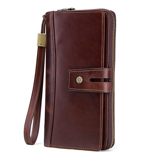 CONTACT'S Crazy Horse Leder-Herrenbrieftasche, lange Kartenhalter für Herren, Herren-Clutch, Herren-Geldbörsen kaffeebraun