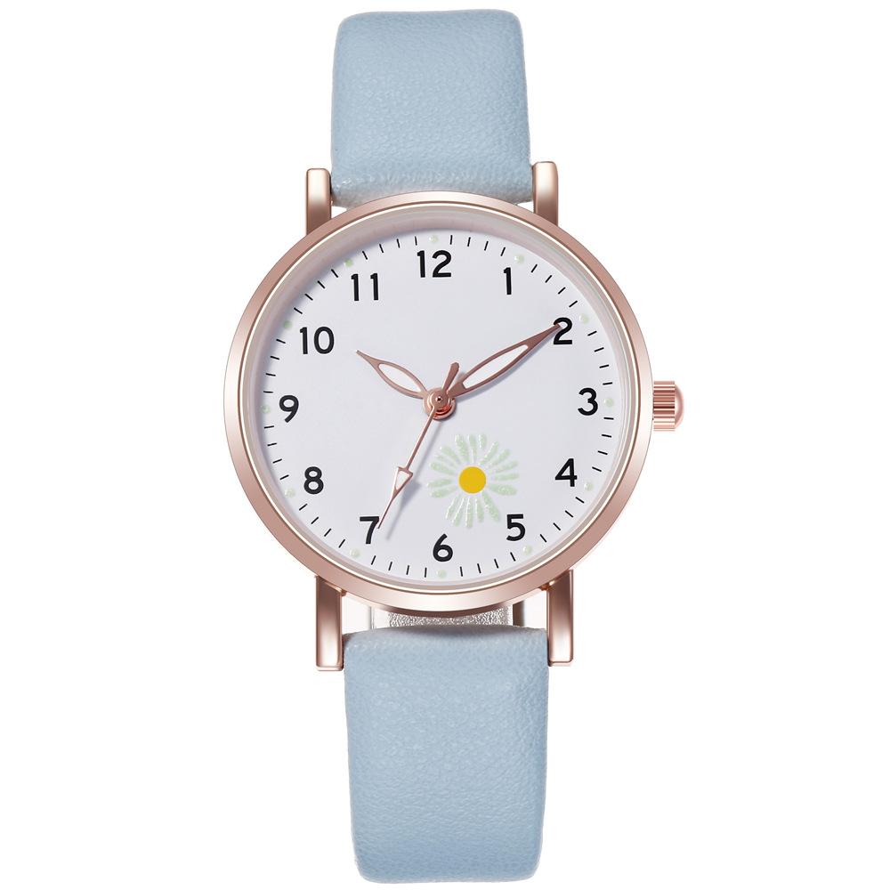 Beliebte Uhren Geschenk Armbanduhr Beliebte Damenuhren Quarz Gänseblümchen Hohe Qualität Leuchtend Mode Koreanische Mädchen PU-Leder Lässig himmelblaue