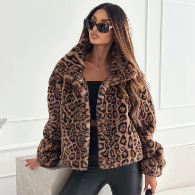Herbst Langarm Leopard Print Plüsch Kurze Jacke Frauen Elegante Winter Dicke Samt Plus Größe Warme Mäntel Frauen Fashion Street Lose Mantel tops 25000 2XL braun