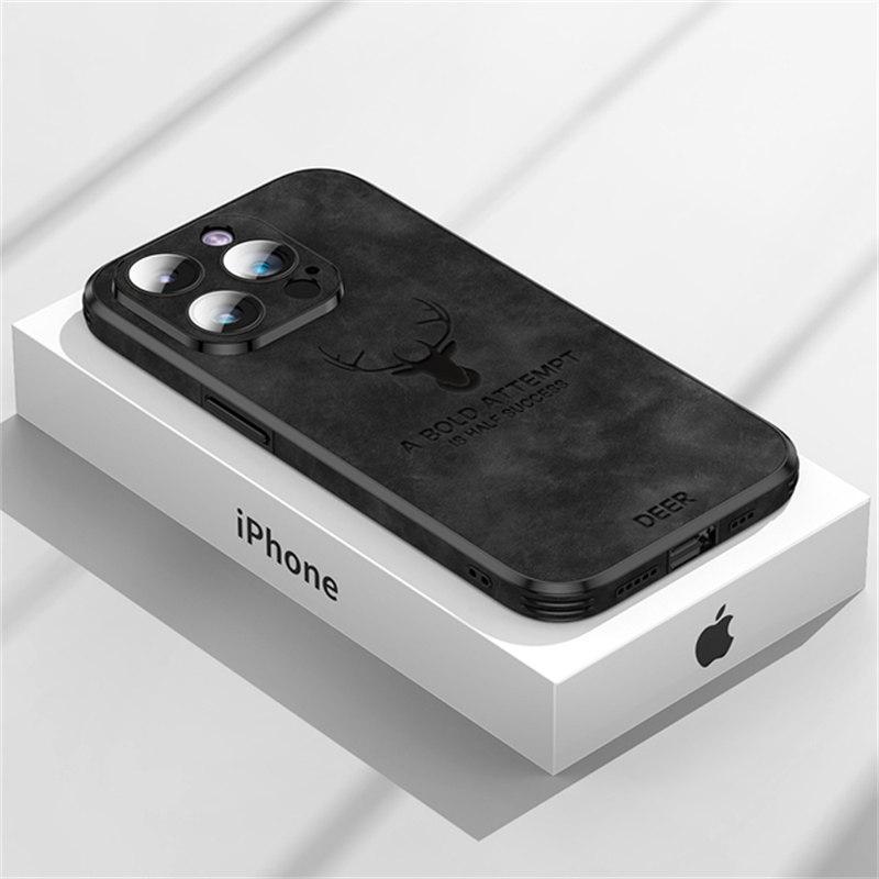 Luxus Hirsch Leder Handyhülle für iPhone 15 14 13 12 11Pro Max XS XR XS Max 7 8Plus Objektiv Glas Stoßstange stoßfeste Silikonhülle iPhone SE(2020) schwarz