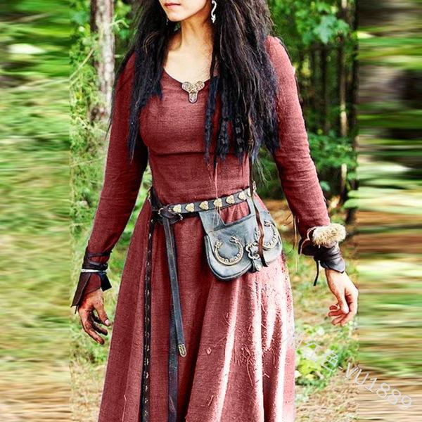 Damenmode Mittelalter Langarm Maxikleid Robe Vintage Fee Elfenkleid Renaissance Keltische Wikinger Kleidung Fantasy Ballkleider L wein rot
