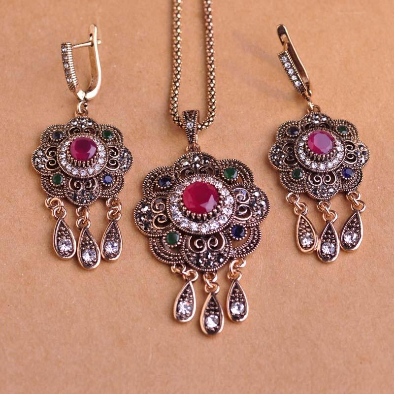 Türkische Vintage-Schmuck-Sets, Halskette-Ohrringe-Sets, Damenmode-Schmuckset 50 cm rot