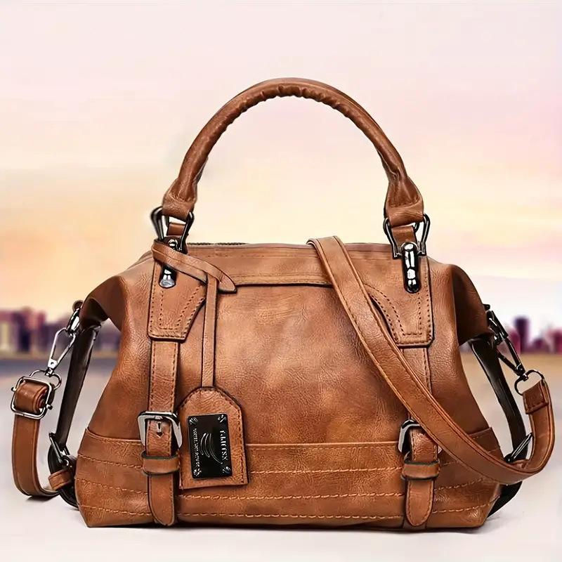 Große Kapazität Leder Textur Tasche Öl Wachs Boston Tasche Damen Tasche Handtasche Einzelne Schulter Diagonal Straddle Tasche braun