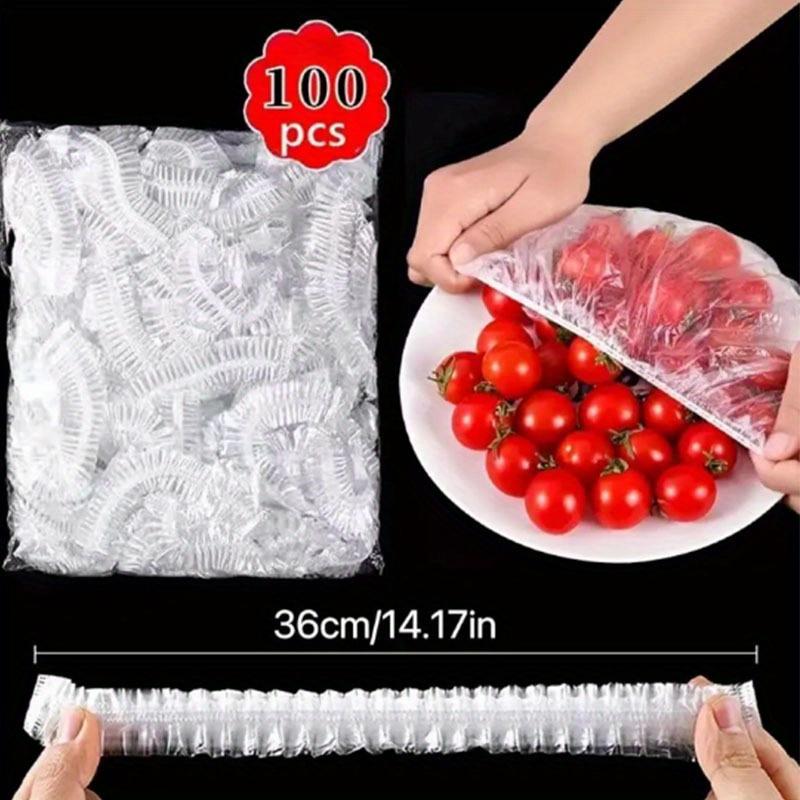 100 Stück lebendige Frischhaltefolien – hochwertige PE-Folie, elastischer Schüsseldeckel, Einwegprodukt und sicher, hält Lebensmittel frisch und lecker, perfektes Küchenutensil transparent