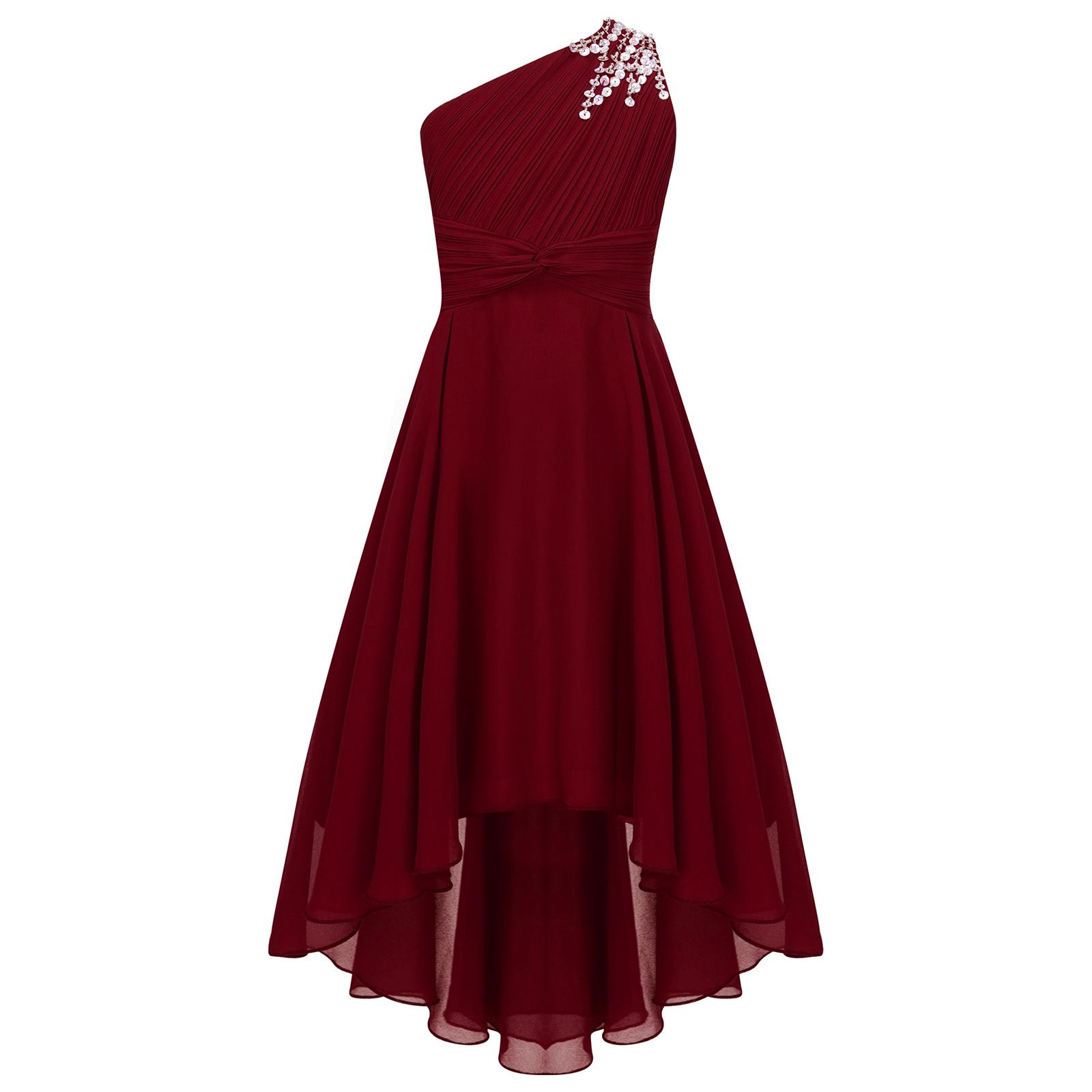 Mädchen Elegantes Ein Schulter Hochzeitskleid Gerafft Glänzend Perlenbesetzt Ärmellos Hohe Taille High Low Saum Partykleid 13-14 Years bordeaux