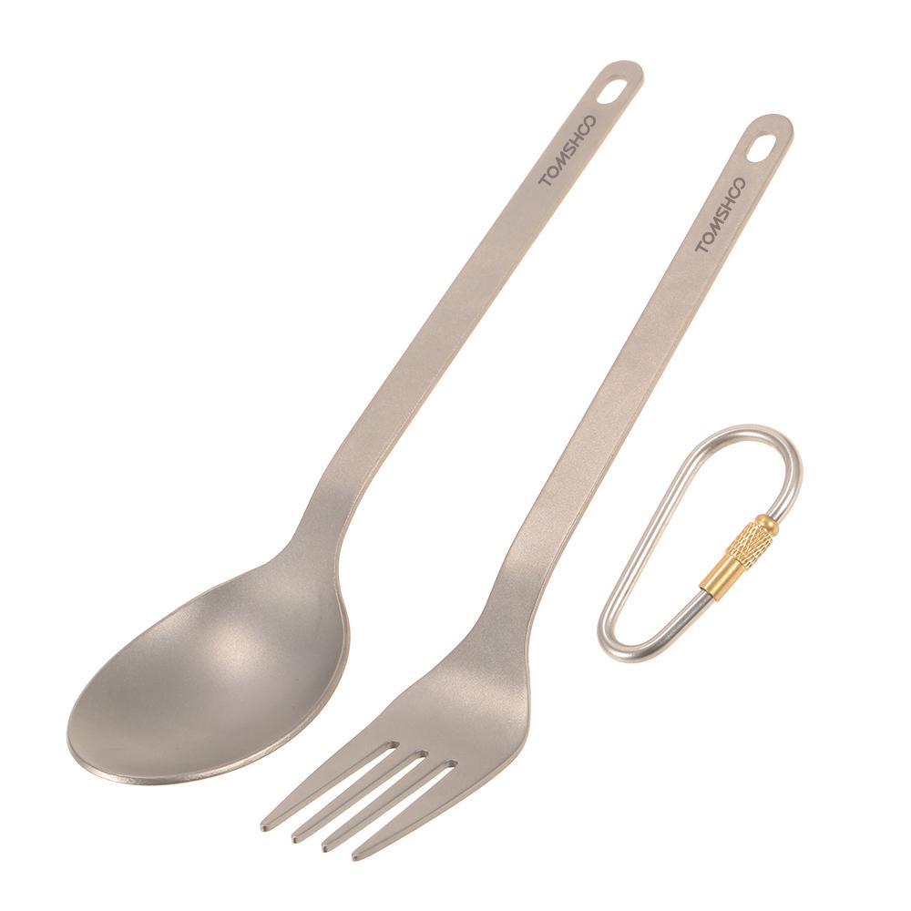 TOMSHOO Titan Geschirr Abendessen Frok Löffel Besteck Set Besteck mit Karabiner Aufbewahrungssack für Fork & Spoon